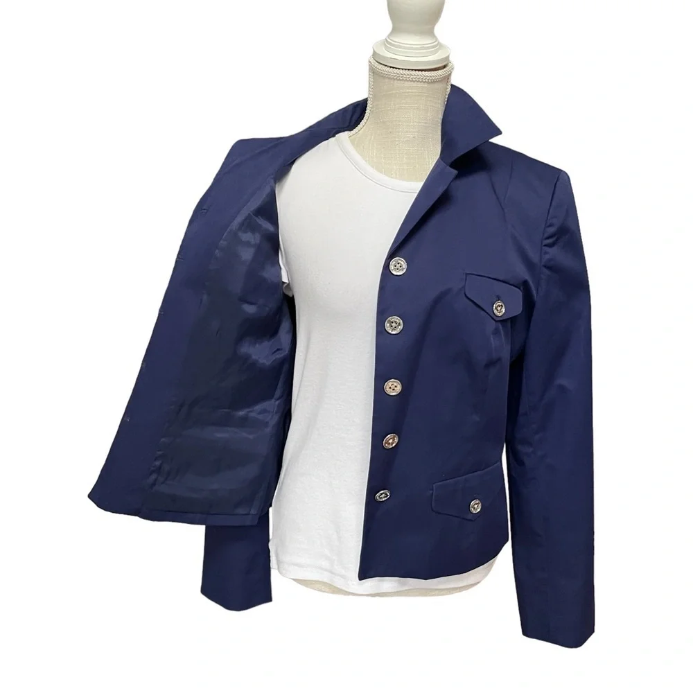 Ralph Lauren Navy Blue Silk‎ Blend Button Front Jacket & Silver Button Size: 14